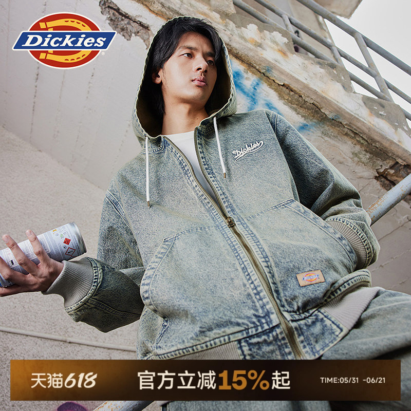 Dickies Spring and Autumn Dad-Style Washed Denim Relaxed Baggy Style Ike Hooded Jacket for Men and Women J
