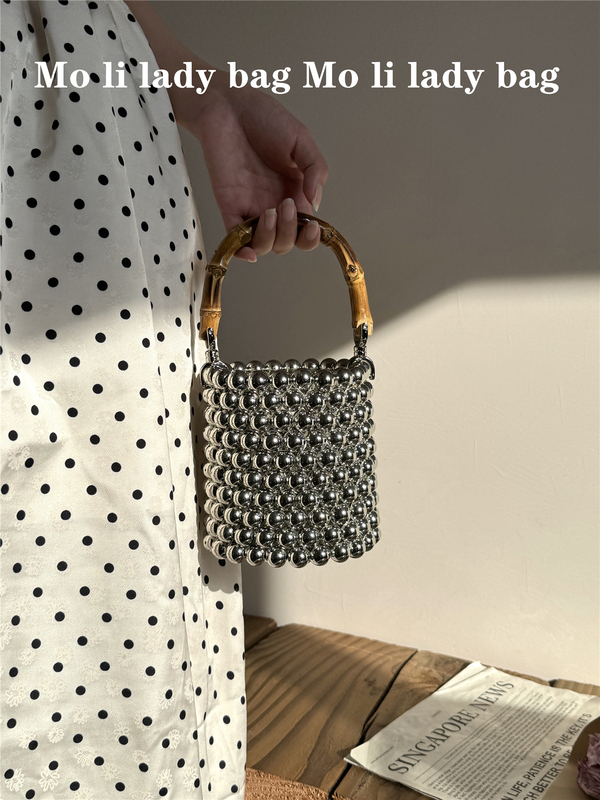 Chinese Style New Chinese-Style Bucket Bag Bamboo Handle Handbag High-End Metallic Niche Pearl Bag Beaded Bag Women's Bag