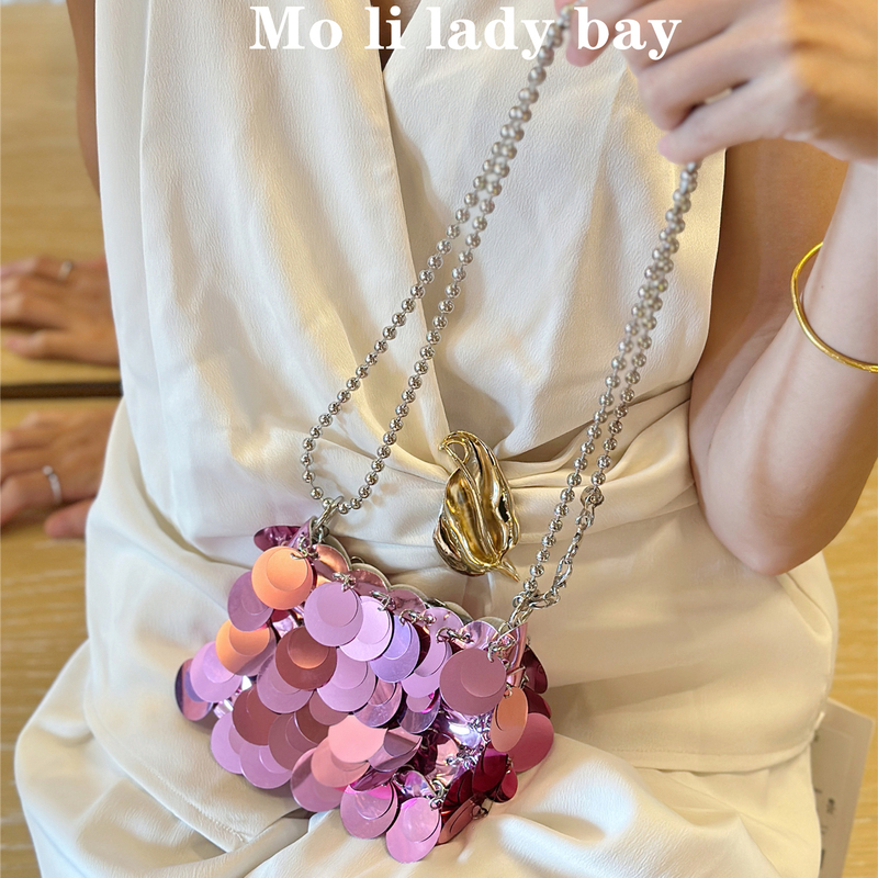 Korean Style Sequin Bag, Metal Bag, Niche Design Handmade Crossbody Bag, ins Trendy Beaded Shoulder Bag, Hand-Held Chain Bag Korean Style Sequin Bag, Metal Bag, Niche Design Handmade Crossbody Bag, ins Trendy Beaded Shoulder Bag, Hand-Held Chain Bag