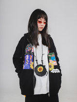 Ideal country tide 20SS sunflower graffiti black hooded cardigan short coat womens ins tide top NECY