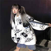There is an ideal national tide full of printed bear off-the-shoulder sweater Womens tide brand oversize sweater MOSTERTimnathy