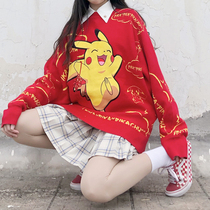 Ideal national tide Pikachu New Year Sweater Pocable Dream co-name red embroidery loose knit shirt LITLAB