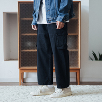 Ideal national tide simple casual loose straight pants womens cotton washed tooling nine-point trousers men Psyche