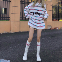 Ideal Rainbow stripe POLO Long sleeve shirt Female couple Pullover Loose vintage college style Male Cynismo