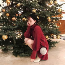 Yang Xiaolu Snow Christmas red high-collar fishtail knitted dress with a base inside New Years dress Womens autumn and winter
