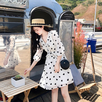 Yang small roll 2019 summer French retro smoked Platycodon grandiflorum skirt V collar love wave point ruffle chiffon dress