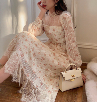Yang small roll French lace dress women 2021 spring new retro waist tea break skirt chiffon floral skirt