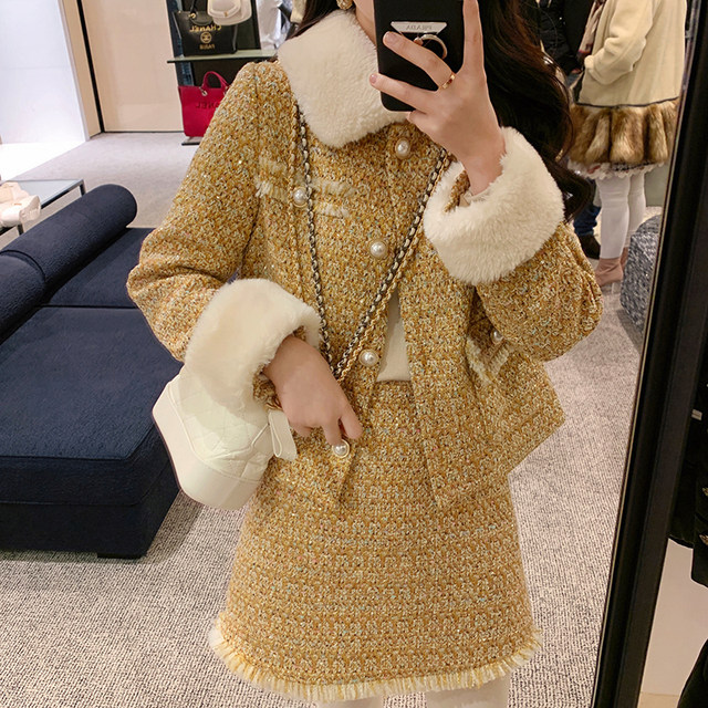 Yang Xiaojuan Ladies Style Xiaoxiang Tweed Suit Two-piece Padded Women's Winter Lamb Wool Stitching Thick Coat