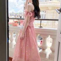 Yang small roll 2021 spring new fairy Super fairy sweet temperament star waist slim sling chiffon dress
