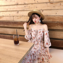 Yang small roll 2021 spring French retro wooden ear flower skirt one word collar temperament suspender print dress