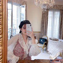 Yang small roll 2021 spring new French retro ruffle vneck lantern sleeve white lace-up shirt blouse