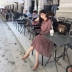 NatureQ2018 mùa thu mới Pháp retro nhẹ nhàng váy gió sang trọng áo dài kẻ sọc 	váy eo con kiến	 Váy eo cao