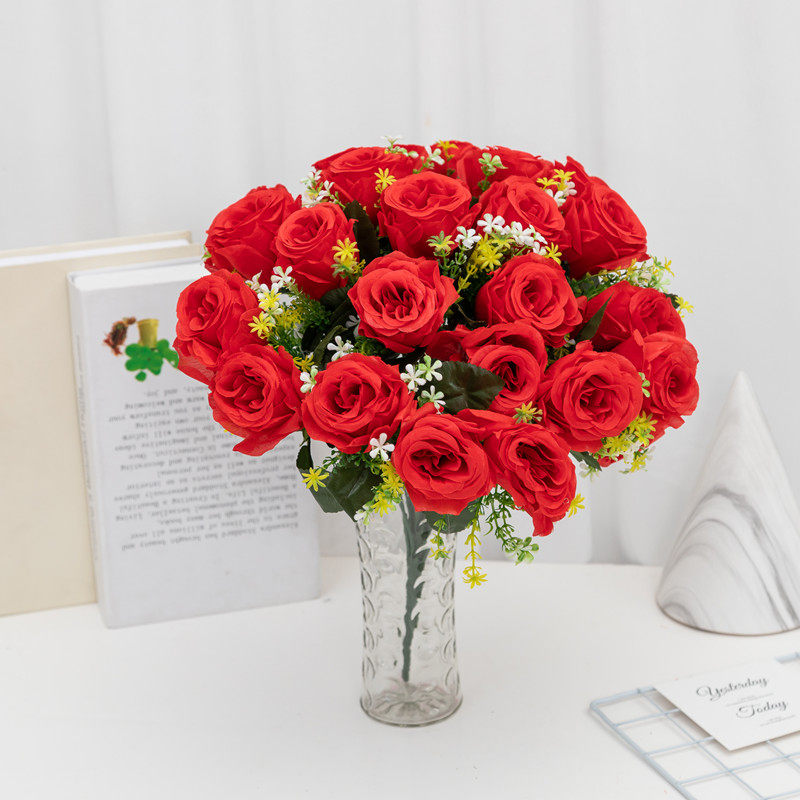 Wedding Celebration 24 Head Bouquet Emulation Rose Flowers Red White Rose Fake bouquet Bouquet Decorative Table Bride's hand holding flowers