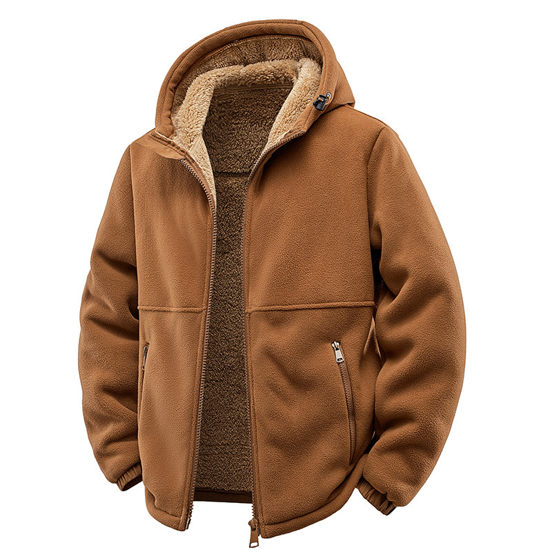 Caramel-Colored Hooded Fleece Jacket for Men, Autumn and Winter Thickened Fleece Sweatshirt, Loose Oversized Lamb Fleece Coat