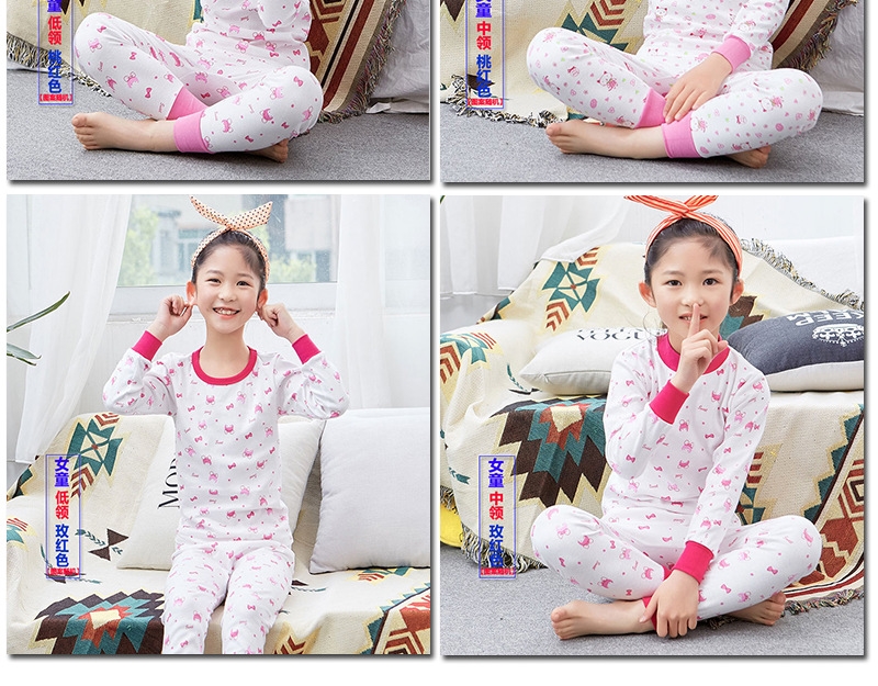 Quần áo trẻ em lớn trẻ em mùa thu quần áo cotton phù hợp với đồ lót trẻ em bộ bông cô gái cổ tròn đồ ngủ cotton áo len đồ ngủ đáng yêu cho bé