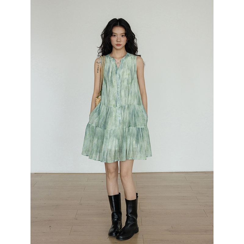 Summer V-Neck Sleeveless Vest Dress for Women, Slimming 2026 New Style Tencel Casual Printed Elegant Gentle Short Dress