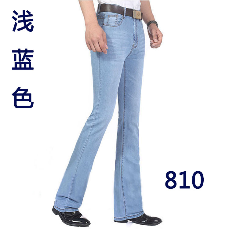 Quần jean nam màu đen thuần khiết mới, quần ống loe denim cạp cao, quần jean nam co giãn quần đùi nam