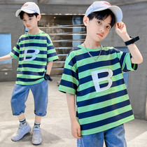 Boy Summer T-cuff Children short sleeves 2022 New CUHK Scout half sleeves Compassionate Round collar Stripe Sweat Casual