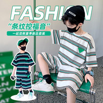 Boy suit striped short sleeve Children Summer Two sets Sports cover CUHK Pants Pure Cotton Knit Cover Loose