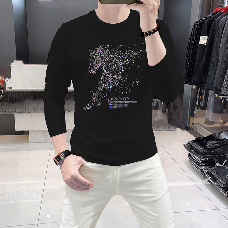 Spring and Autumn Round Neck Long-Sleeve T-Shirt for Men, Trendy European Brand, Heavy-Duty Rhinestone Design, Stylish and Versatile Slim-Fit Base Shirt, Thin