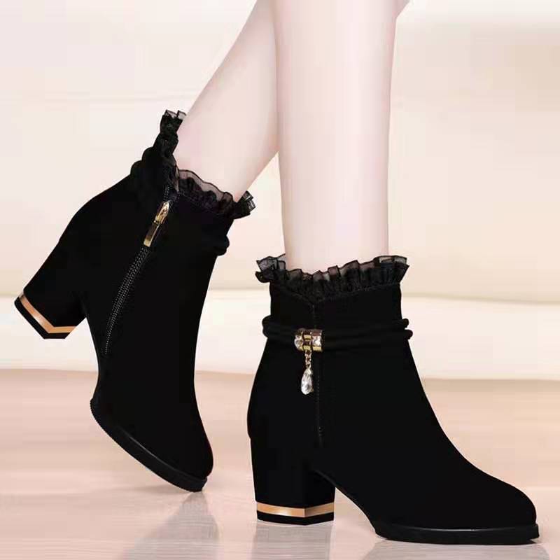 Women's New Style Cotton-Padded and Plush Suede Side-Zip Chunky Heel Martin Boots with Sheer Ruffle High Heels Women's New Style Cotton-Padded and Plush Suede Side-Zip Chunky Heel Martin Boots with Sheer Ruffle High Heels