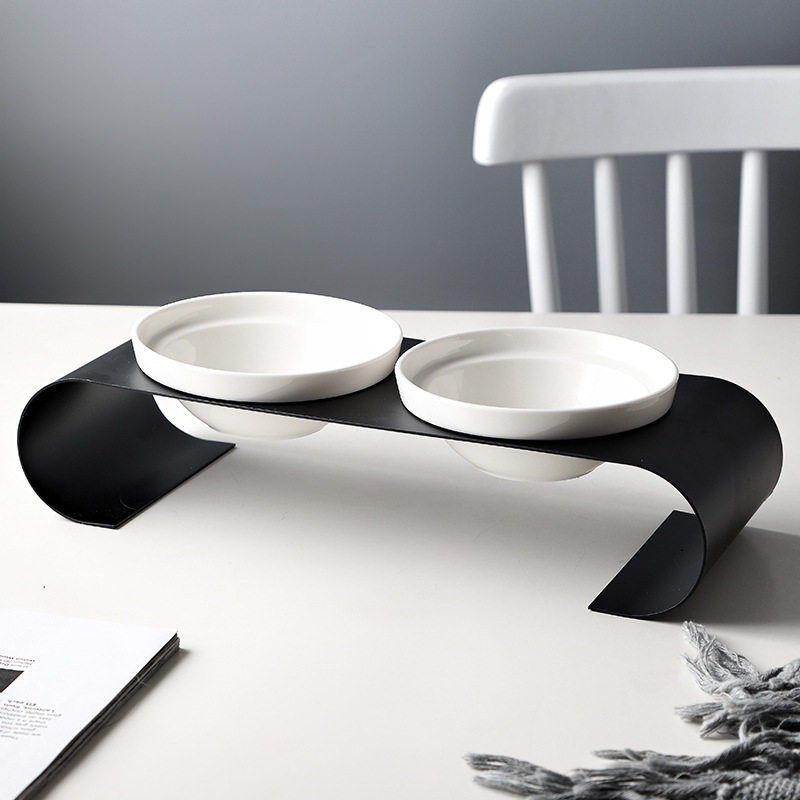 Ceramic Cat Bowl with Iron Stand, Double Bowl, Elevated Design to Protect Cervical Spine, Prevent Black Chin, Cat Food Bowl, Water Bowl, Kitten Bowl, Dog Bowl