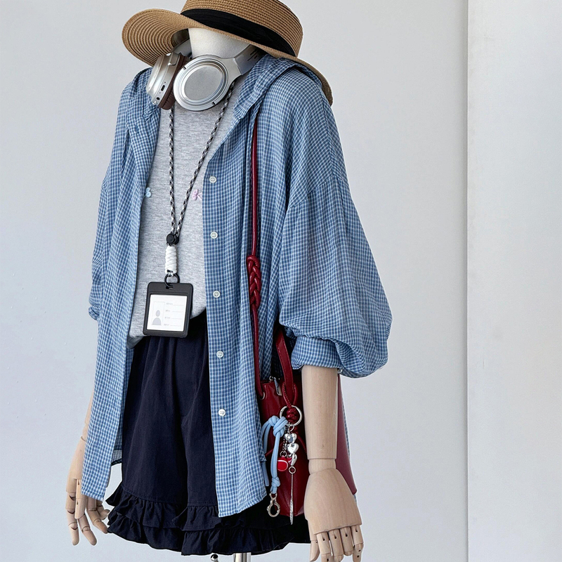 Highly Recommended! Summer Cool Season~ Korean Style Blue Plaid Casual and Relaxed Breathable Hooded Shirt for Women