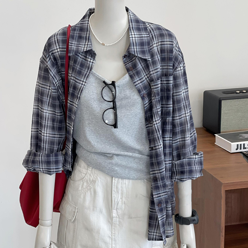 Highly Recommended! Summer Cool Season~ Korean-Style Plaid Lapel Lightweight Breathable Loose Versatile Sun Protection Shirt