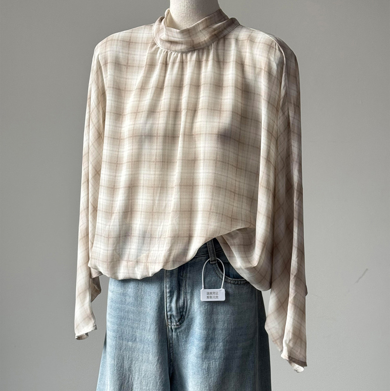 Highly Recommended! Light Coffee-Colored Plaid Shirt with Ribbon Bow, Elastic Waist, Batwing Sleeves, Women's Top for Autumn