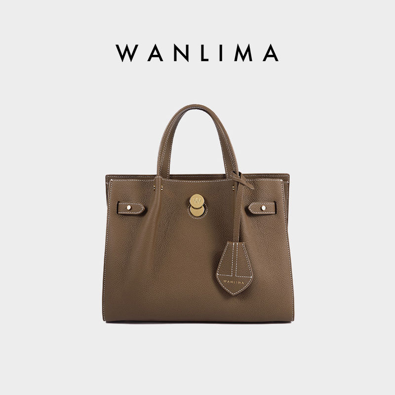 Wanlima Water Drop Series Cowhide Tote Briefcase Soft Leather Business Handbag Genuine Leather Crossbody Shoulder Kelly Bag