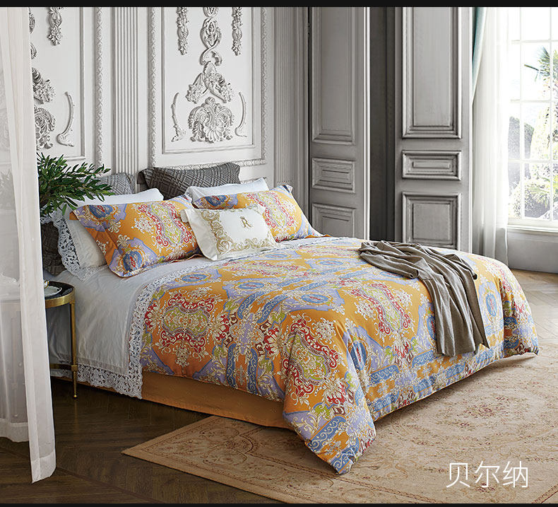 bộ đồ giường Luo Kafu châu Âu retro ba mảnh bông satin phản ứng in một gia đình bốn Parma - Bộ đồ giường bốn mảnh chan ga goi