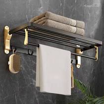 New Chinese style bath towel rack bathroom folding towel rack with double hook bathroom storage rack space aluminum punch-free hanging rod