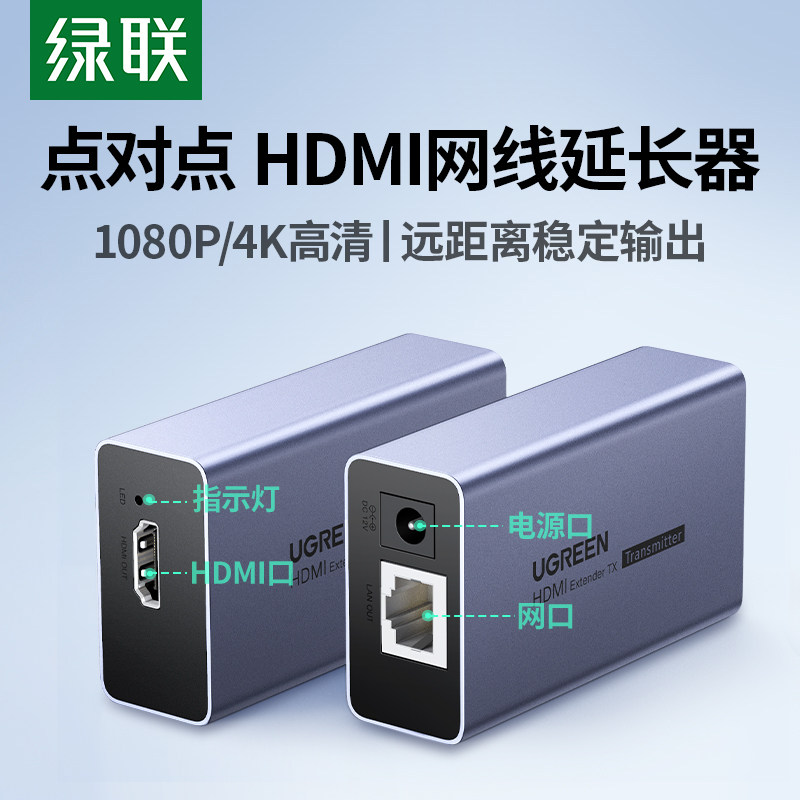 绿联HDMI网线延长器4K高清150米 音视讯局域网传输器 USB接头KVM讯号延长器