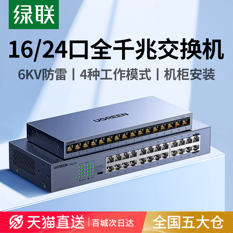 绿联工业交换机全千兆16/24口网络分线器网线光猫路由交换器以太网转换多接口扩展分流分路家用企业宽带监控