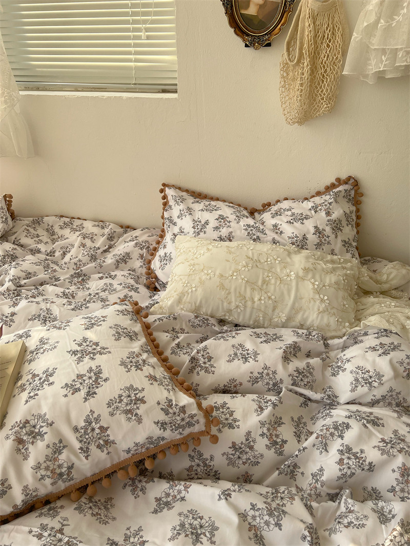 Pear Dream Retro Heben Black White Flowers Pure Cotton Four Pieces Full Cotton Linen Quilt Cover Ball Girl Lace bedside bedding