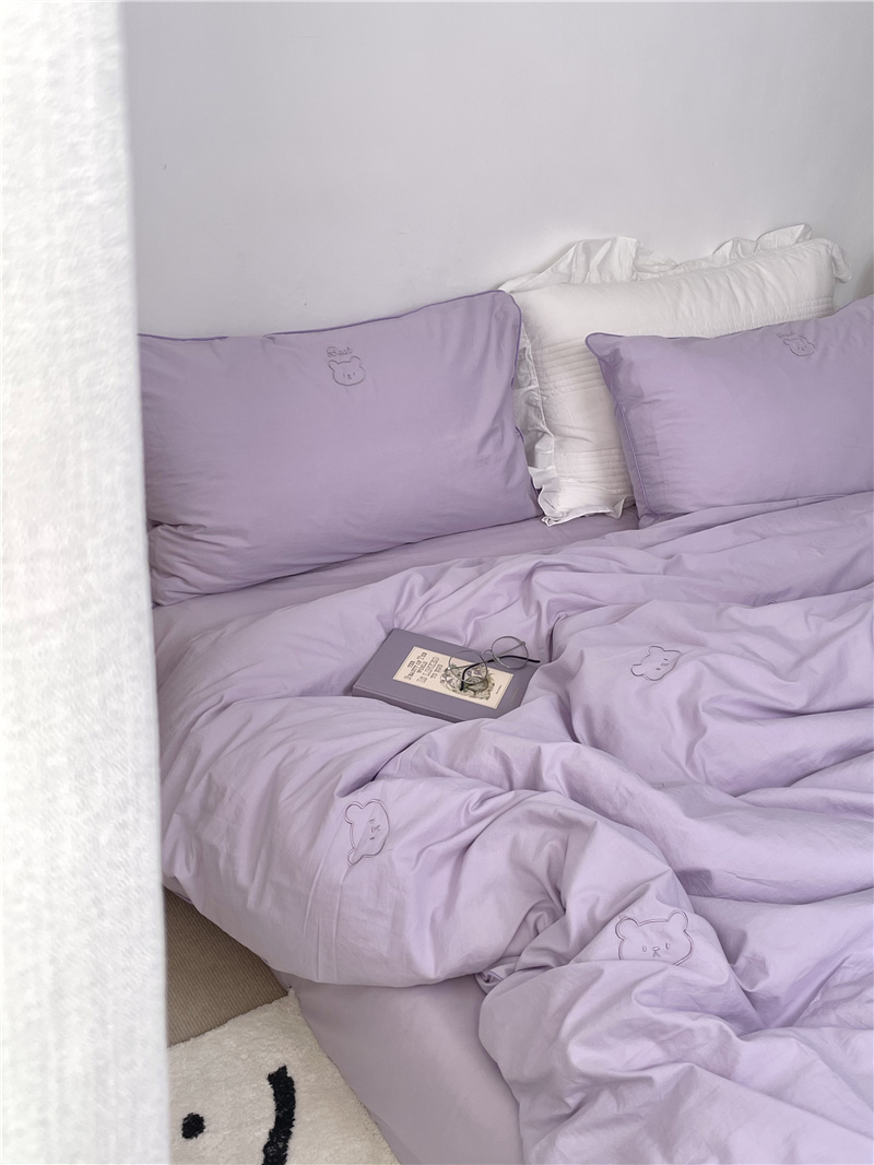 Pear Dreams Sweet Potato Purple Small Bear Tsai Pure Cotton Washed Cotton Embroidery Four Sets Full Cotton Linen Quilt Cover Bedding