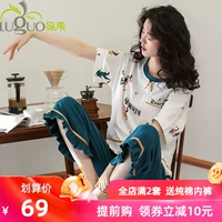 Đồ ngủ màu xanh lá cây phụ nữ mùa hè cotton ngắn tay công chúa gió chín quần lỏng mùa hè mỏng phần nhà dịch vụ phù hợp với hai mảnh - Nam giới quần áo ngủ nam