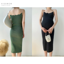 Pregnant women summer sundress Korean version slim mid-length ice silk temperament skirt pearl shoulder strap design dress tide mom