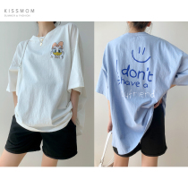 Pregnant womens T-shirt summer new womens casual five-point sleeve loose large size cartoon print wild outside wear clothing trend