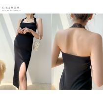 Maternity dress hot mom summer dress Korean version of the word collar side split long ice silk skirt temperament solid color skirt tide