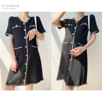 Maternity dress Spring and summer casual mid-length knitted skirt V-neck row buckle short-sleeved temperament wild skirt tide