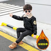 Boys leather clothing 2021 Autumn Winter children plus velvet padded soft leather jacket mens treasure winter coat childrens coat tide