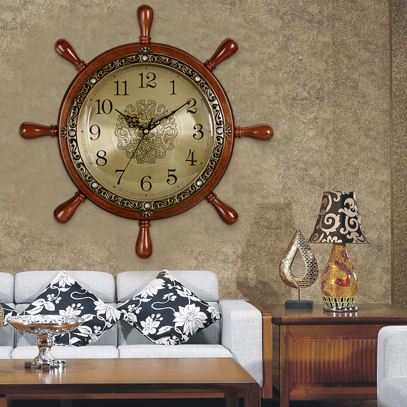 Han clock watch living room solid wood rudder wall clock creative clock European style personality wall clock Silent quartz clock HW39
