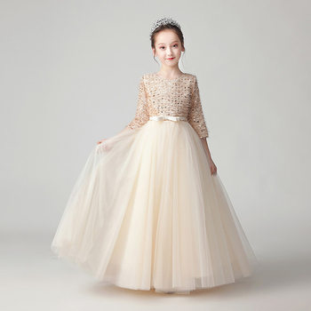 Girls' Princess Dress Birthday Autumn and Winter Catwalk Performance Host Piano Performance Dress Long-Sleeved Kidsren's Evening Dress
