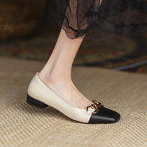 M L Monroe French style coarse heel metal buckle genuine leather collared light mouth Herben wind shoes black flat bottom single shoe woman