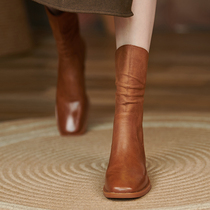 M L Monroe comfort first ~ retro thick heel square toe leather rear zipper pleated ankle boots womens 4cm