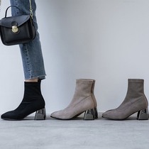 M L Monroe this year Pop Thin Short Boots Woman 2020 new coarse high heel elastic suede 100 hitch heel
