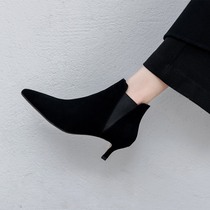 M L Monroe pointed short boots woman 2020 autumn winter new cat heel heels with nude boots slim heel high heel shoes