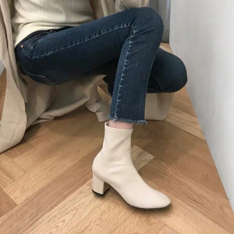 M L Monroe White Thick Heel Leather Elastic Short Boots Medium Heel Thin Boots Martin Boots Versatile Simple Square Toe