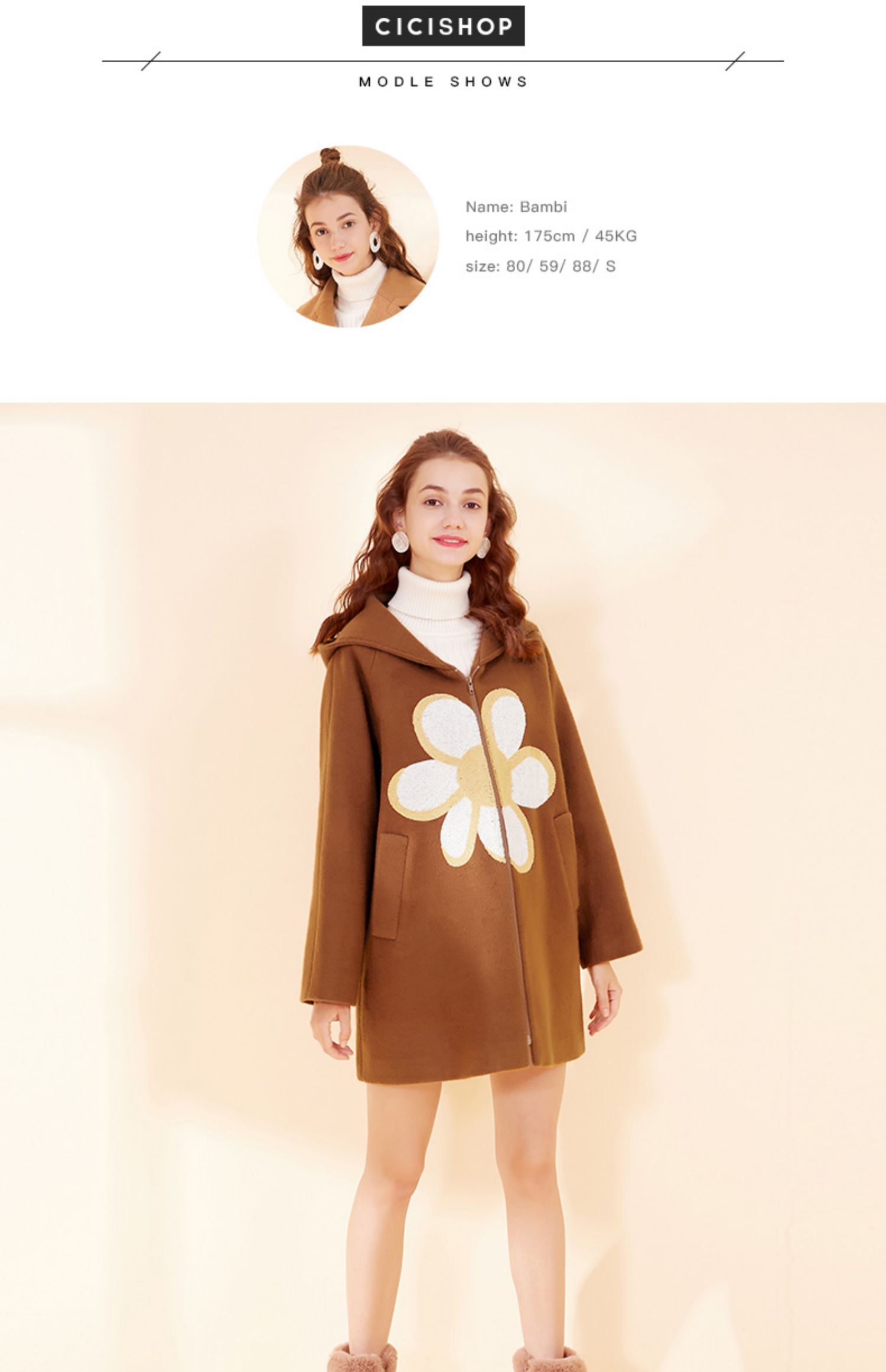 Cicishop của phụ nữ áo len dài trùm đầu nữ thêu áo khoác len ngọt ngào nữ 9236 - Trung bình và dài Coat áo khoác len nữ
